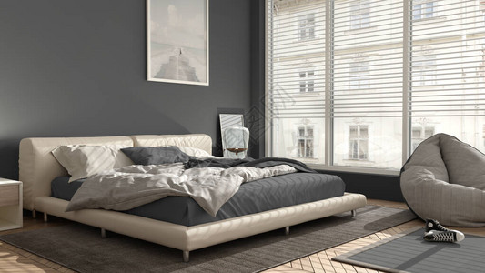 现代卧室灰色和糊面调子大全景窗双床地毯和软垫铺Herringbone煎饼地板最小室内设图片