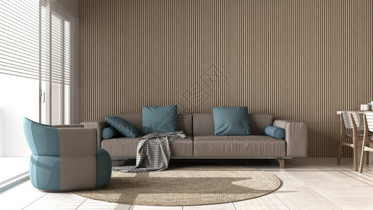 米色调的现代客厅和木墙细节带枕头的沙发扶手椅圆形地毯带椅子的餐桌电器和装饰品大理石地背景图片