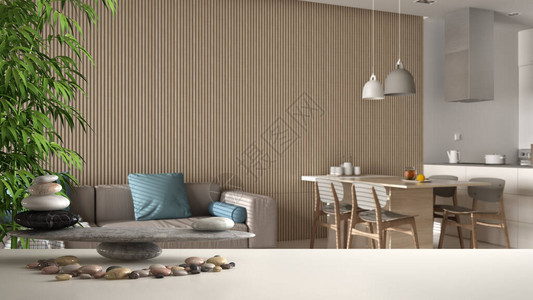 在现代白色厨房和客厅大理石砖地板Zen概念内置设计图片