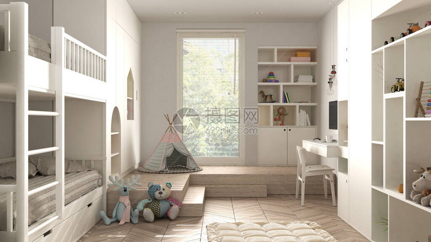 白色柔和色调的现代简约儿童卧室人字形镶木地板双层床带玩具的橱柜木偶和装饰品柔软的地毯帐篷图片