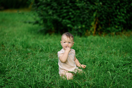 绿草地一岁的小女孩坐背景