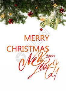 圣诞贺卡圣诞快乐和新年快乐文本与圣诞常青树枝和白色背景上图片