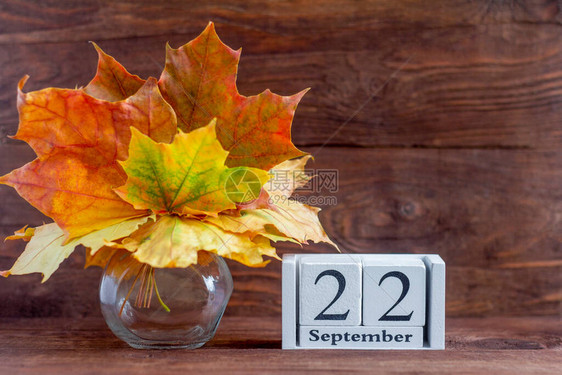 月22日在木制日历和枫叶色的秋天花束上秋季月份的日期图片