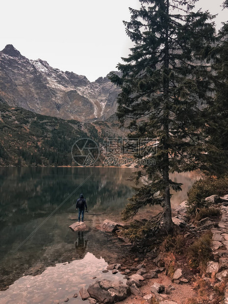 站在一块被高山和树木环绕的清澈湛蓝绿色湖泊中间的大石头上图片