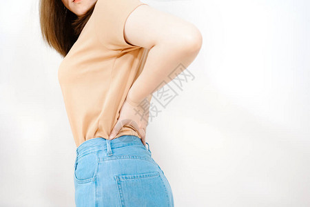 白色孤立画像腰部疼痛恶心30到40岁女人的疼痛感觉带面糊色图片