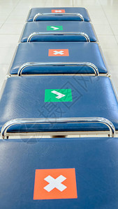 机场出发区的一排空椅子上标有关于社交距离协议的符号图片