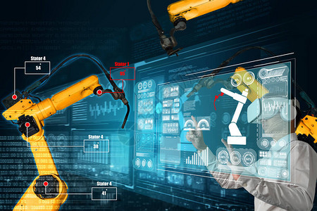 工程师通过增强现实行业技术应用软件控制机械臂未来工厂中的智能机器人机器以工业40或第四次工业革图片