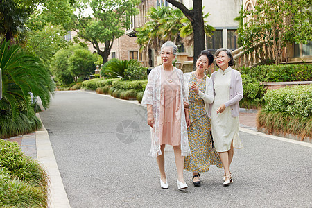 老年女性户外相伴聚会散步背景图片