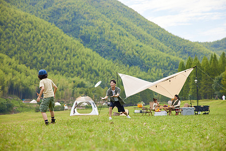 草地玩耍温馨父子户外露营玩飞盘背景