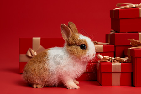 可爱兔子和新年红色礼盒图片