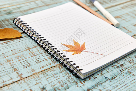 木板上的笔记本与秋日落叶图片