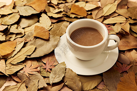 落叶堆上的咖啡图片