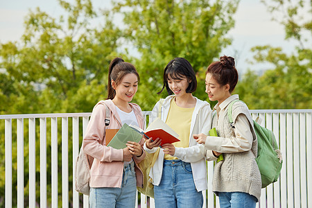 校园户外看书聊天的女大学生图片