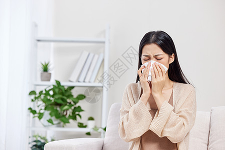 春季流感居家女性鼻炎过敏打喷嚏背景