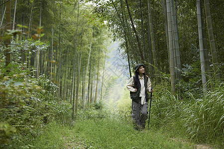 年轻美女竹林里面徒步图片