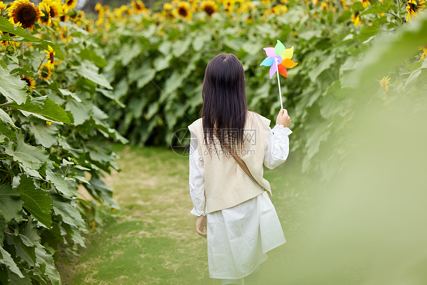 向日葵花田里玩耍的小女孩背影图片