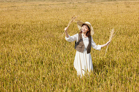 秋季稻田里手拿水稻的美女图片