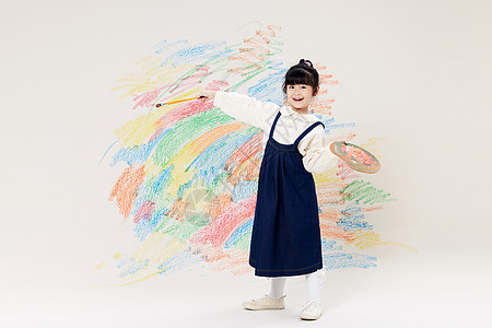 可爱日系女孩墙上画画高清图片