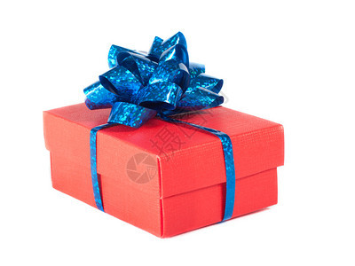 孤立的红色礼品盒fith蓝丝带背景图片