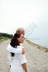 一对年轻夫妇在沙滩上眺望大海图片
