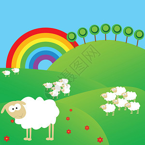 与羊和彩虹的夏天风景图片