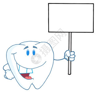 拿着空白的色标志的微笑的牙齿卡通人物图片
