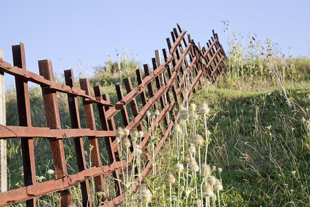 夏日的旧长生锈铁栅栏图片