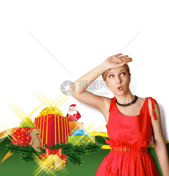 穿着红色衣带圣诞礼物的女人等图片