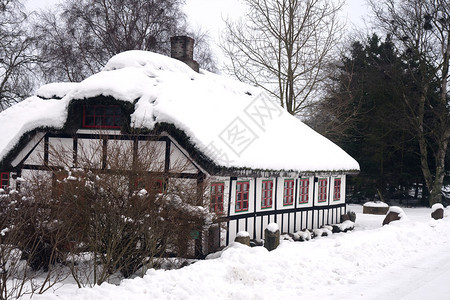 茅草屋顶上有雪的半木结构房屋图片