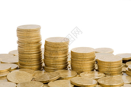 许多硬币的宏欧元在白图片