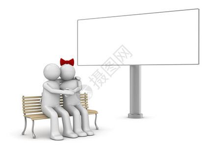 用复制空间广告牌爱情人节日系列3个孤立字符在一张长椅上图片