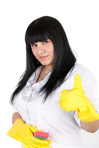 穿着白制服和橡皮手套及海绵的漂亮年轻清洁女清洁工图片