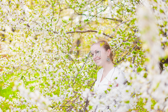 杏树花丛中的美少女图片