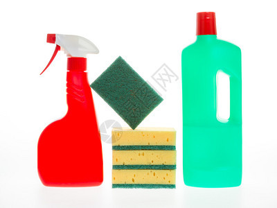 清洁房屋产品洗涤剂塑料瓶和白底孤立的图片