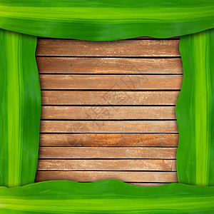 木质背景上的绿叶框架图片