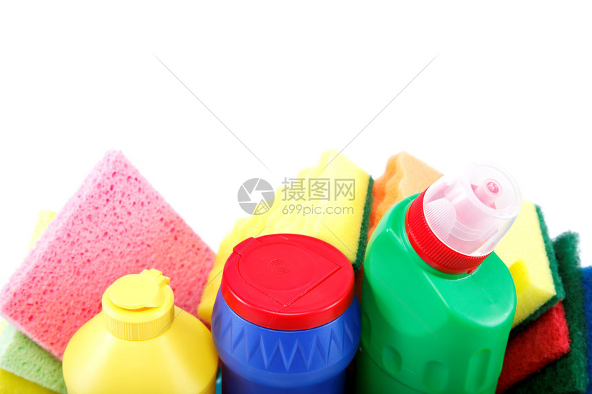 洗涤瓶子和清洁海绵图片