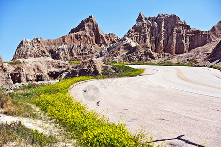 俯视道路Badlands公园的弯曲道路荒地沙石形成背景