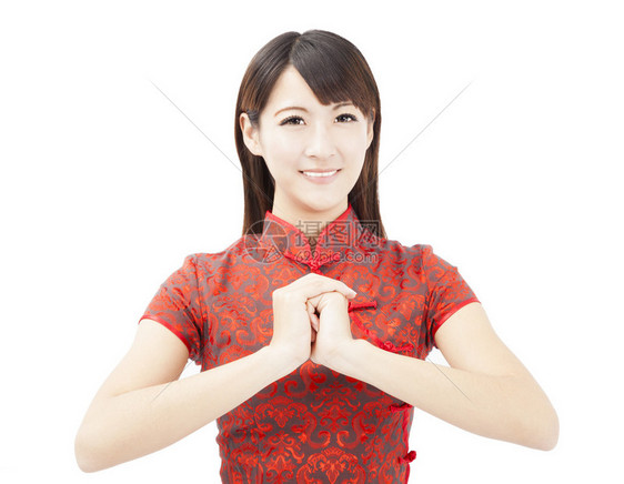 新春快乐亚洲女人与祝贺笔势图片