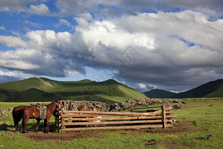 一家人用木头制成的谷仓他们把马绑图片