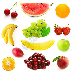 在白色的不同水果的集合图片
