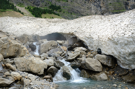 夏季山脉的冰川正在融化河水背景图片