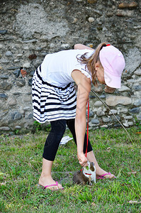 一个青春期前的女孩正在照顾她的豚鼠豚鼠在草丛中觅食孩子站在她图片