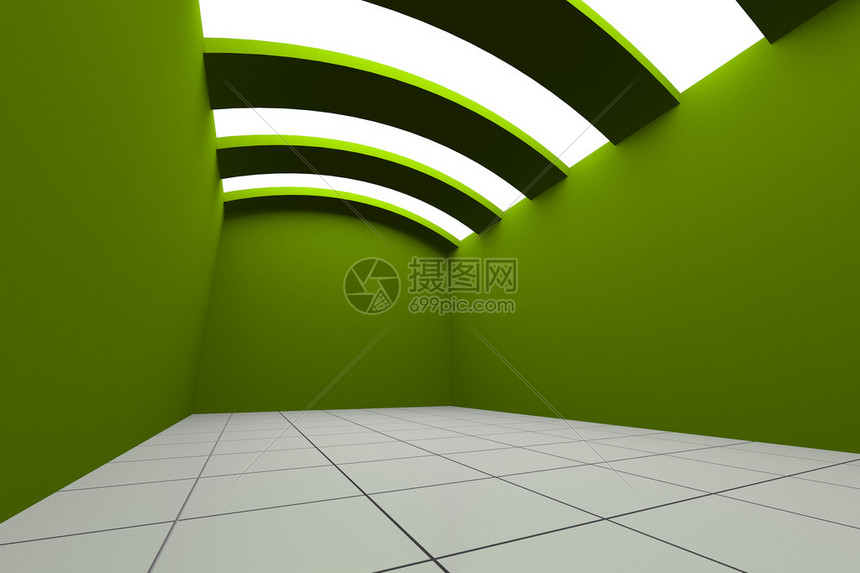 五颜六色的绿色空房间室内装饰曲线天花板与瓷砖地板图片