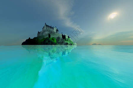 月亮照耀着一个坚固的城堡它建在海岸图片