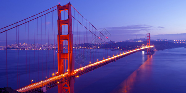 黄昏时分以旧金山市为背景的金门大桥背景图片