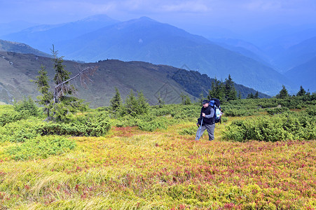 游客沿着红色的山脊旅行图片