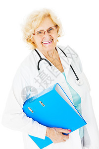 高级女医生将带环装束器的高级女医生从白色背景上隔图片