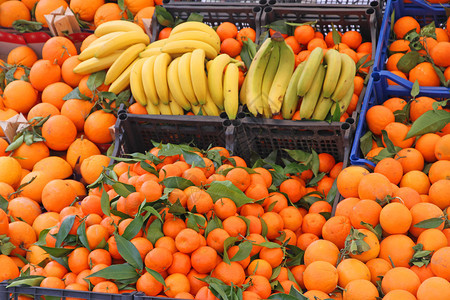 供在蔬菜种植商摊台市场销售的黄香蕉橘橙色橘子图片