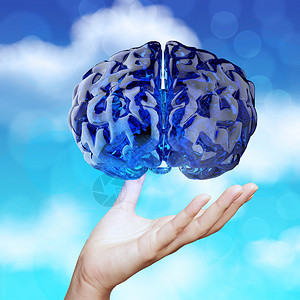 3D蓝色玻璃人类大脑显示自然背景作为概念的3图片
