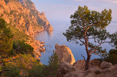 夜晚的风景和美丽的阳光海边岩图片